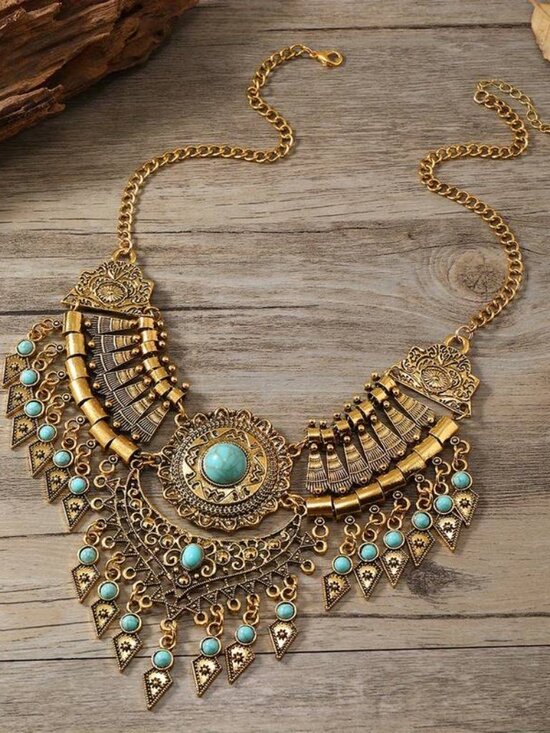 066 Ancient Golden Blue Vintage Necklace - Picture 1 of 1